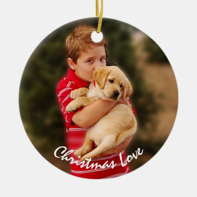 Boy & New Puppy for Christmas Ceramic Ornament (Front)