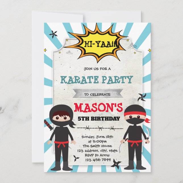Boy ninja karate birthday party invitation (Front)