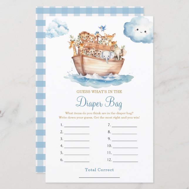 Boy Noah's Ark Baby Shower What's in Diaper Bag (Front/Back)