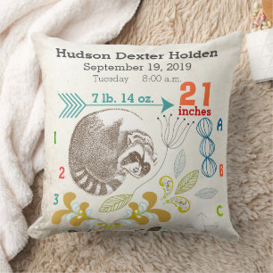 Boy Nursery Baby Birth Stat Racoon Arrow Pattern Cushion