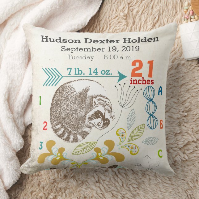 Boy Nursery Baby Birth Stat Racoon Arrow Pattern Cushion (Blanket)