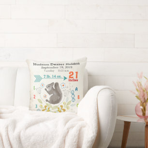 Boy Nursery Baby Birth Stat Squirrel Arrow Pattern Cushion