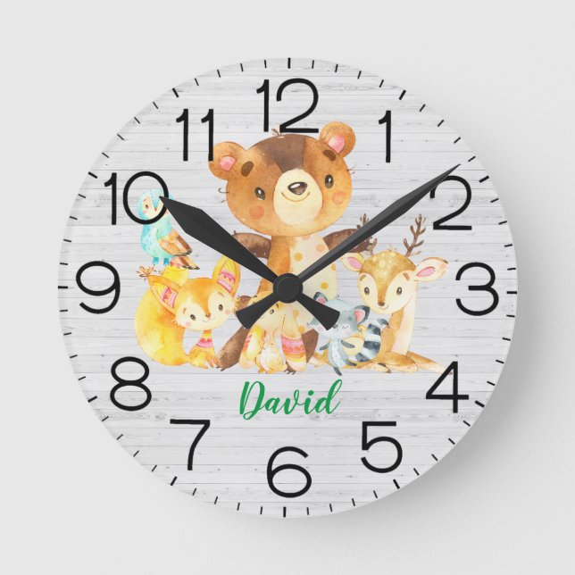 Boy Nursery Woodland Forest Animals Rustic Cute Round Clock (Front)