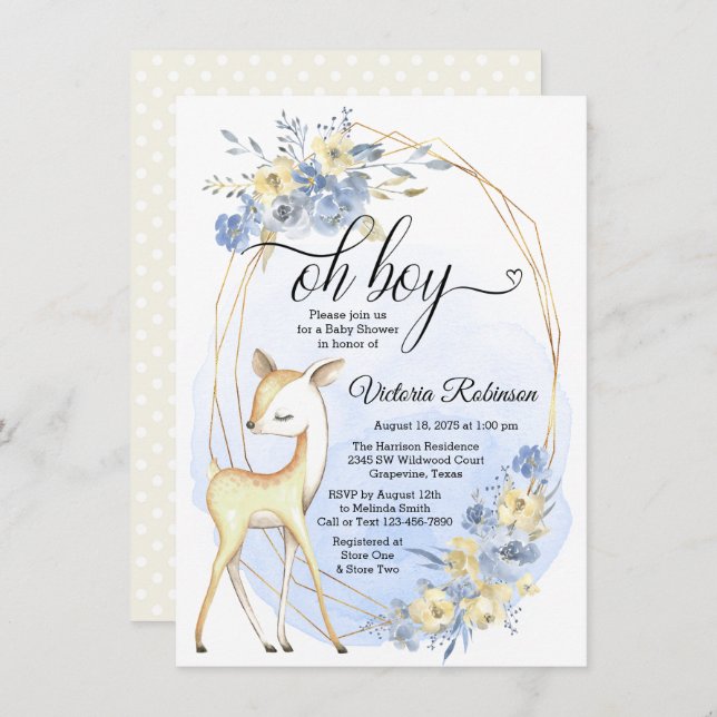 Boy Oh Boy Deer Baby Blue Beige Baby Shower Invitation (Front/Back)