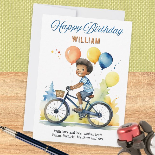 Boy On Bicycle with Colourful Balloons Birthday Card (A personalized birthday card with picture of a boy on a bicycle with balloons)