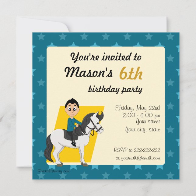 Boy on horse cartoon birthday print invites (Front)