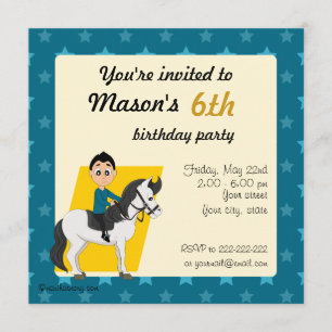Boy on horse cartoon birthday print invites