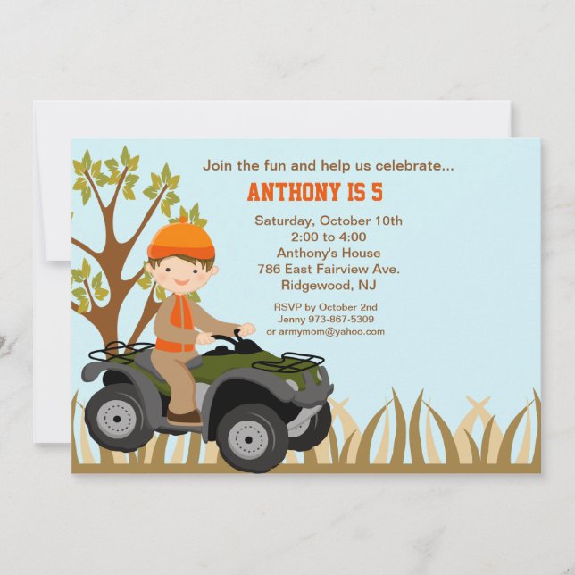 Boy On Quad In the Woods Birthday Invitation (Front)