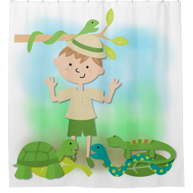 Boy on Reptile Safari Hike Shower Curtain (Front)