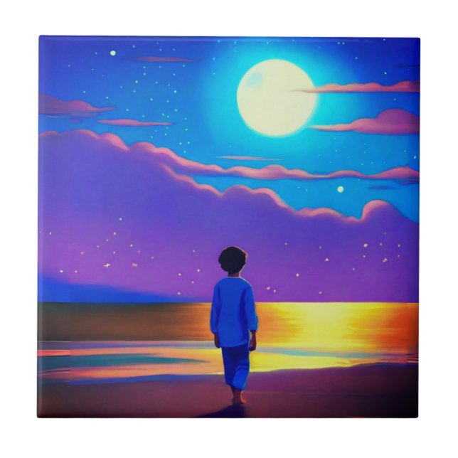Boy on the Beach, Gazing at the Moon Ceramic Tile (Front)