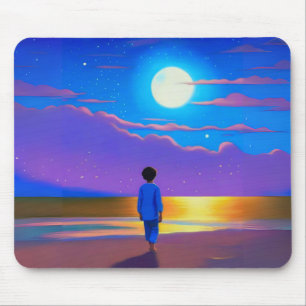 Boy on the Beach, Gazing at the Moon Mouse Pad
