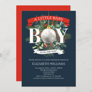 Boy On The Way Christmas Greenery Baby Shower Invitation