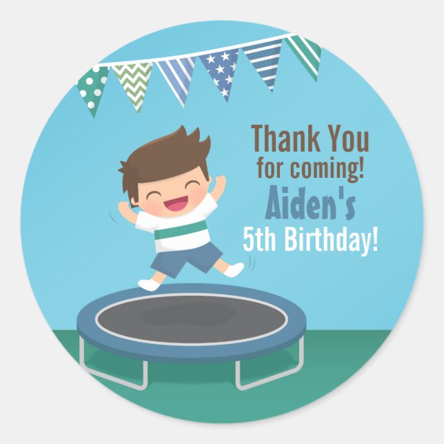 Boy on Trampoline Kids Birthday Thank You Stickers (Front)