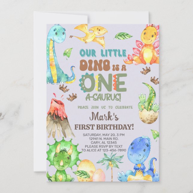 Boy ONE-A-SAURUS 1st first birthday invite. Invitation (Front)