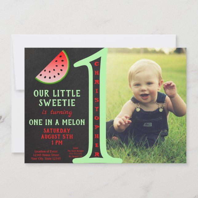 Boy One In A Melon 1st Birthday Green Glitter Invitation (Front)