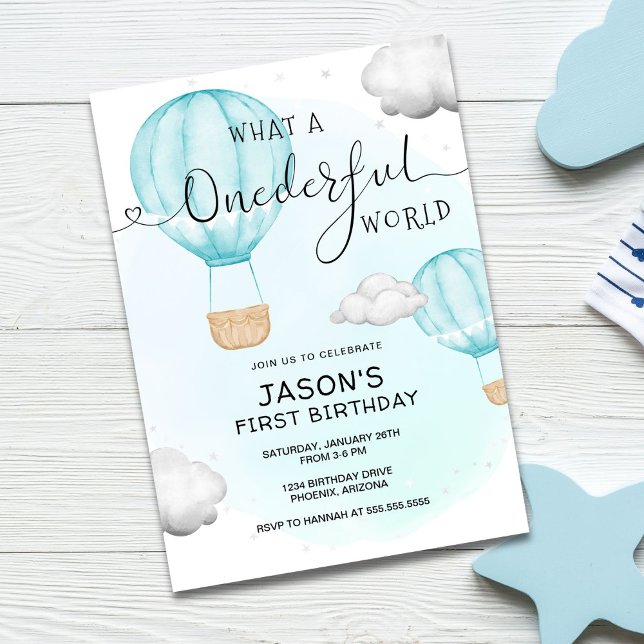Boy ONEderful World Hot Air Balloon First Birthday Invitation (Creator Uploaded)