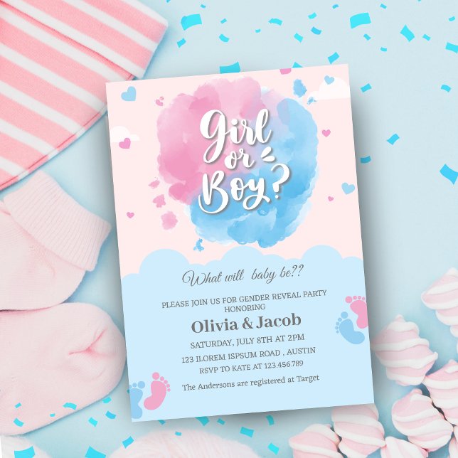 Boy or girl baby feet gender reveal party invitation (Creator Uploaded)