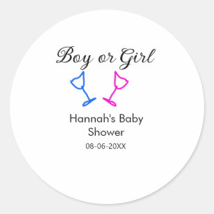 Boy or girl baby shower pink blue glass name date classic round sticker