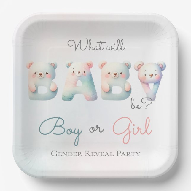 Boy or Girl Bear Colourful Gender Reveal Party Paper Plate (Front)