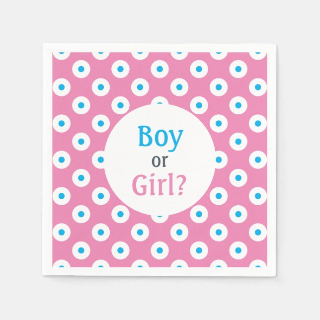 Boy or Girl? Blue on Pink Polka-Dot Gender Reveal Napkin (Front)
