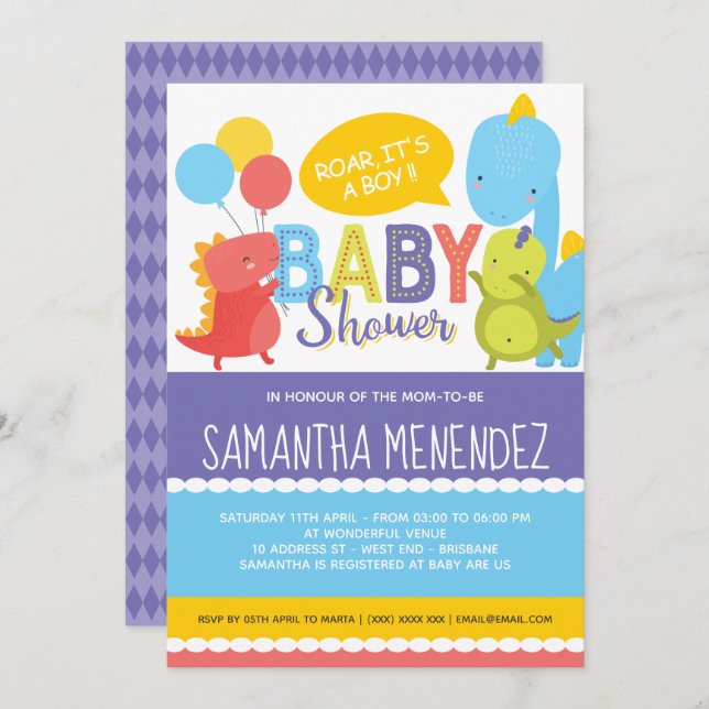 Boy or Girl Dinosaur Baby Shower Invitation (Front/Back)