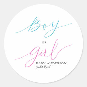 Boy or Girl Elegant Script Gender Reveal Party Classic Round Sticker