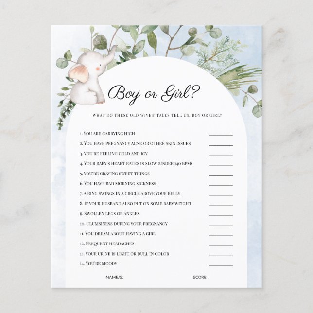 Boy Or Girl Elephant Blue Baby Shower Game (Front)