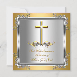 Boy or Girl First Holy Communion Gold Silver Invitation