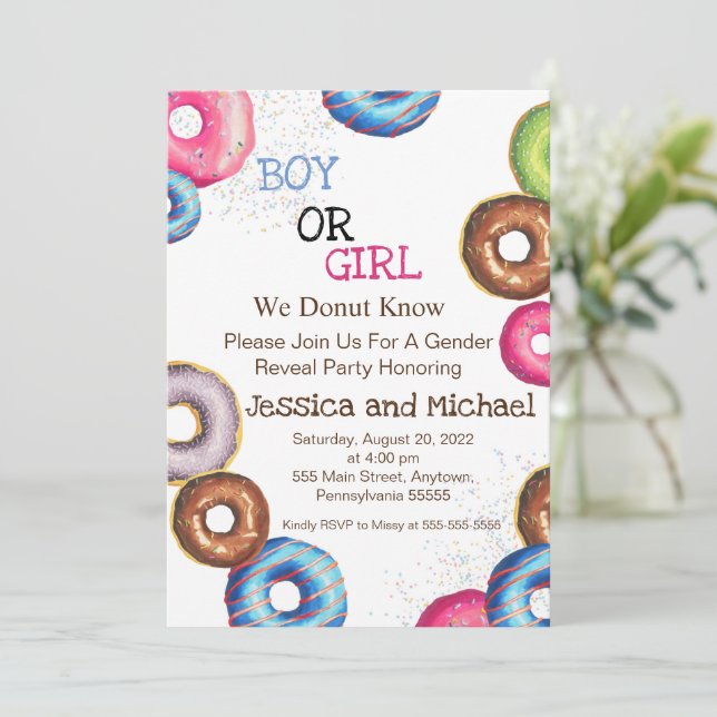 Boy or Girl Gender Reveal Party invite, doughnuts Invitation (Standing Front)
