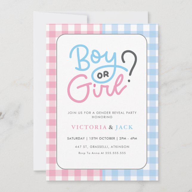 Boy or Girl Gingham Classic gender reveal Invitation (Front)
