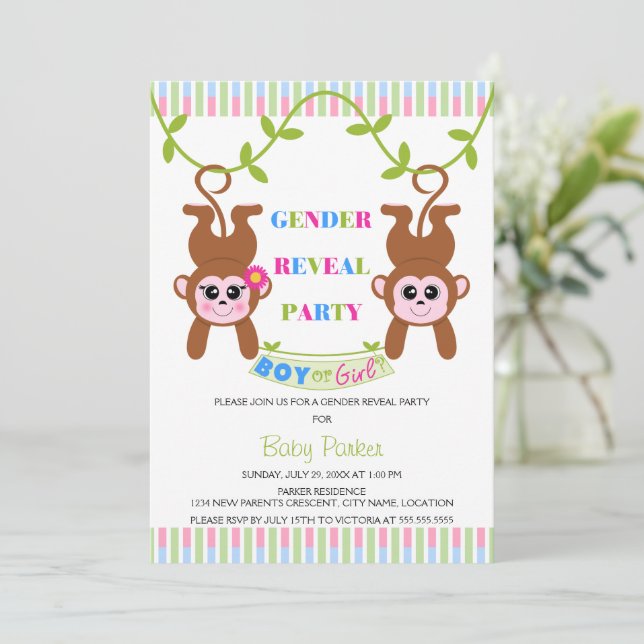 Boy or Girl Monkey Gender Reveal Party Invitation (Standing Front)