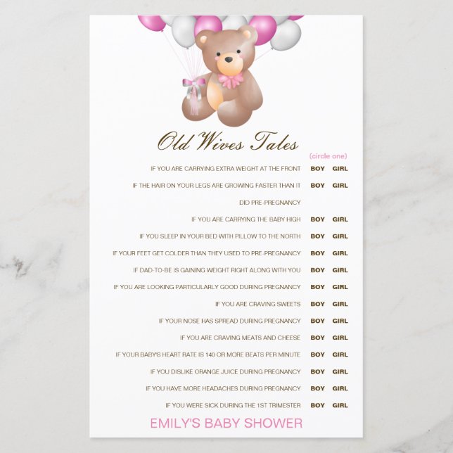 Boy or Girl Old Wives Tale Baby Shower with Answer (Front)