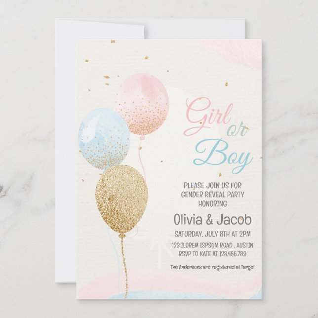 Boy or girl pink and blue gender reveal party invitation (Front)