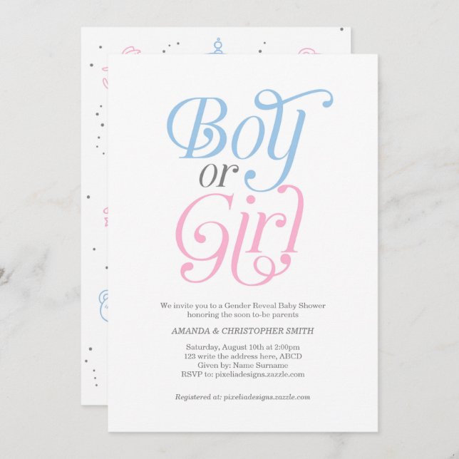 Boy or Girl, Pink and Blue, Modern, Gender Reveal Invitation (Front/Back)