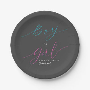Boy Or Girl Pink Blue Script Gender Reveal Party Paper Plate