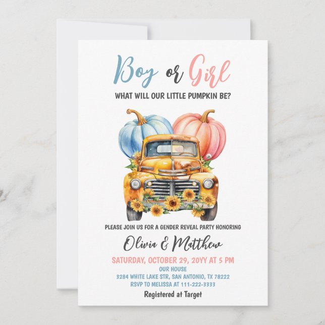 Boy or Girl Pumpkin Truck Gender Reveal Party Invitation (Front)