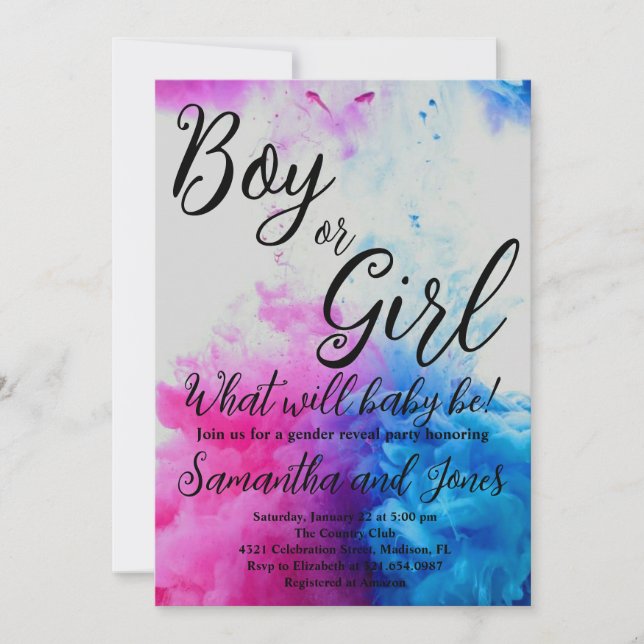 Boy or Girl Smoke Themed Baby Gender Reveal Party  Invitation (Front)