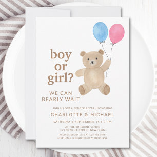 Boy Or Girl Teddy Bear Balloons Gender Reveal Invitation
