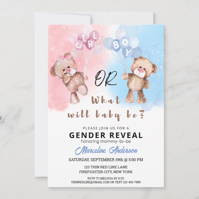 Boy or Girl Teddy Bear Gender Reveal invitations (Front)