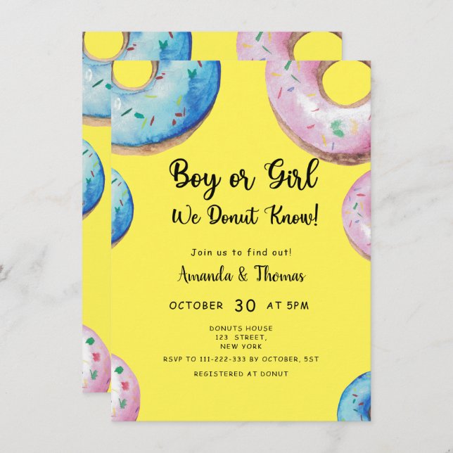Boy or Girl! We DONUT know! Gender Reveal Invitati Invitation (Front/Back)