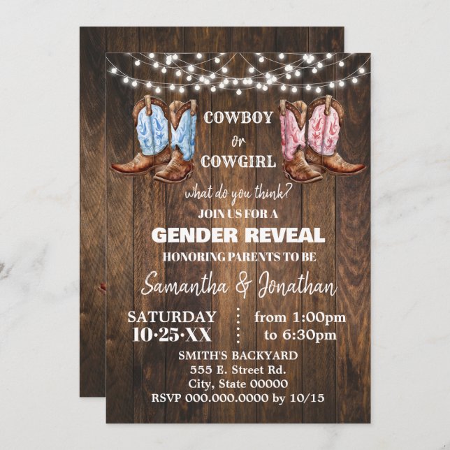 Boy or Girl Western Boots Gender Reveal Shower Invitation (Front/Back)
