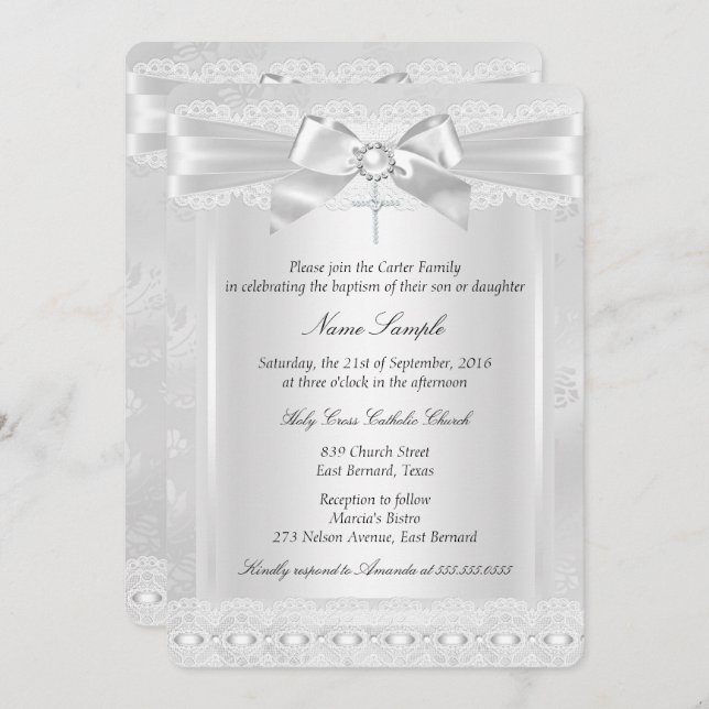 Boy or Girl White Lace Cross Baptism Christening Invitation (Front/Back)