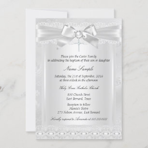 Boy or Girl White Lace Cross Baptism Photo Invitation
