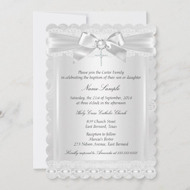 Boy or Girl White Lace Cross Baptism Photo Invitation (Front)