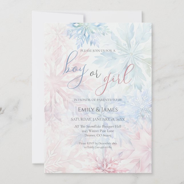 Boy or Girl Winter Pink Blue Snowflake Invitation (Front)