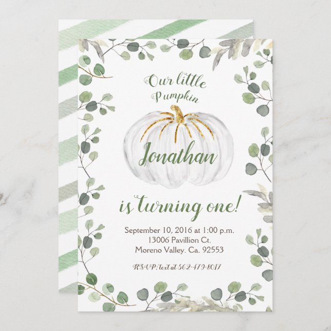 Boy Our Pumpkin is turning one Invitation greenery (Front/Back)