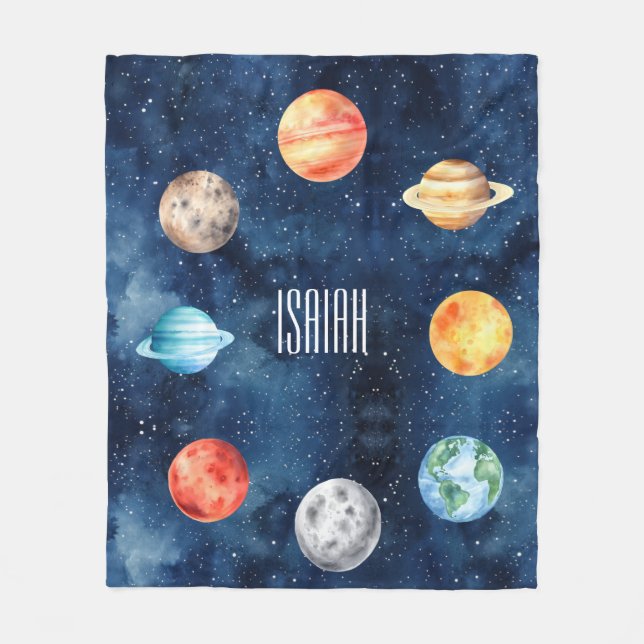 Boy Outer Space Cosmic Solar System Birthday Fleece Blanket (Front)