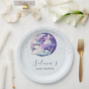 Boy Over the Moon Modern Baby Shower Paper Plate