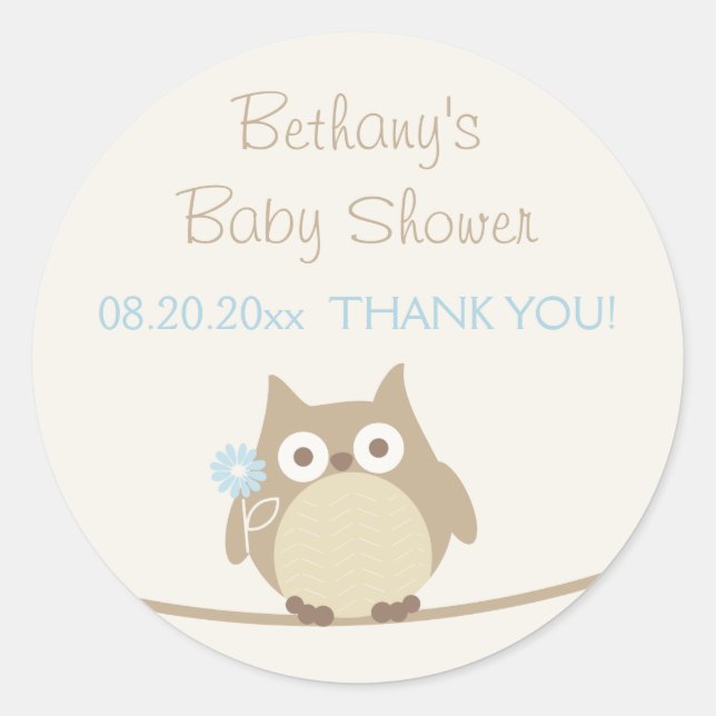Boy Owl Baby Shower Thank You Classic Round Sticker (Front)