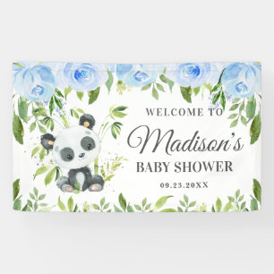 Boy Panda Blue Floral Greenery Bamboo Backdrop Banner